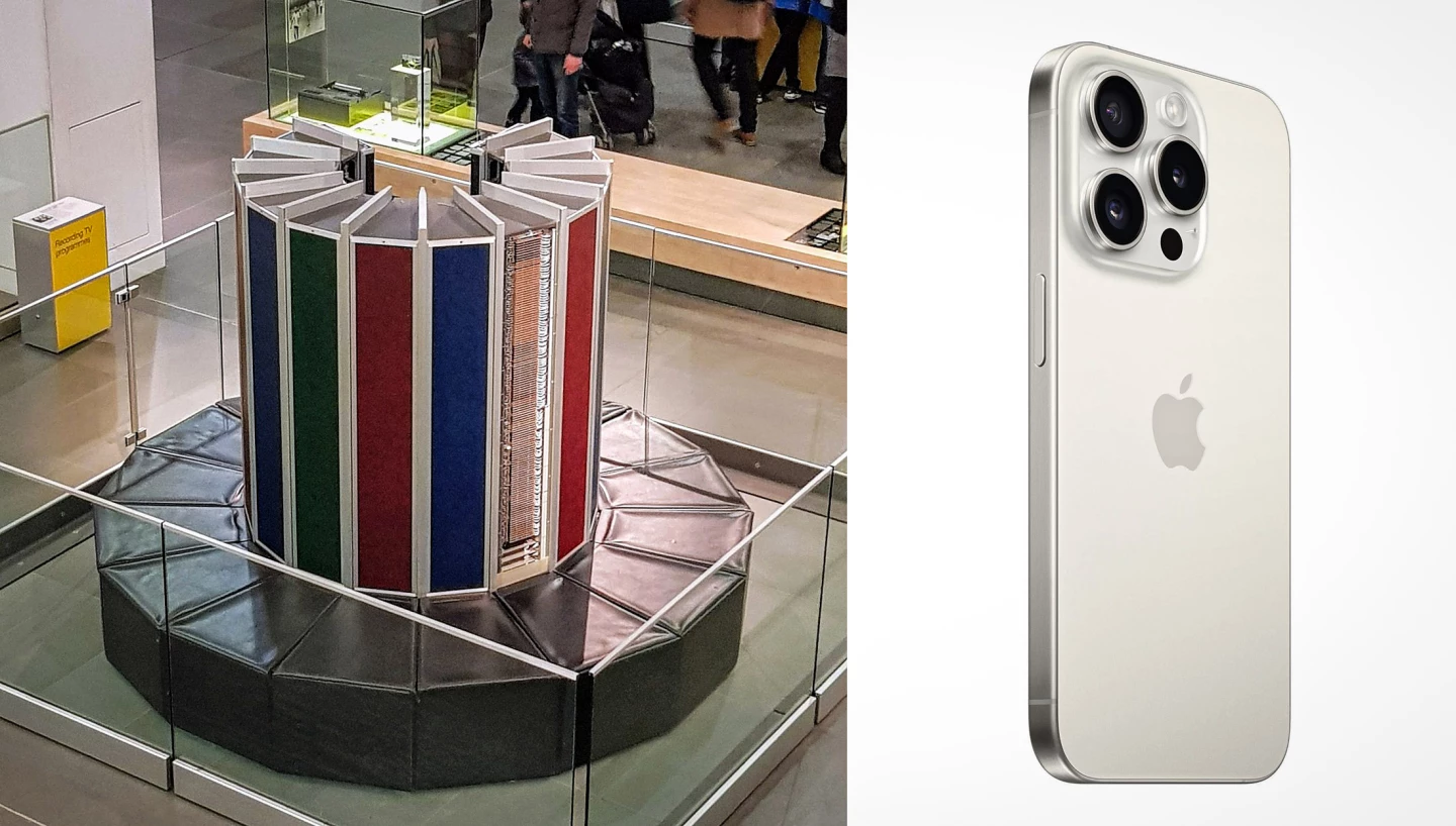 Left: CRAY-1 supercomputer. Right: iPhone 15 Pro