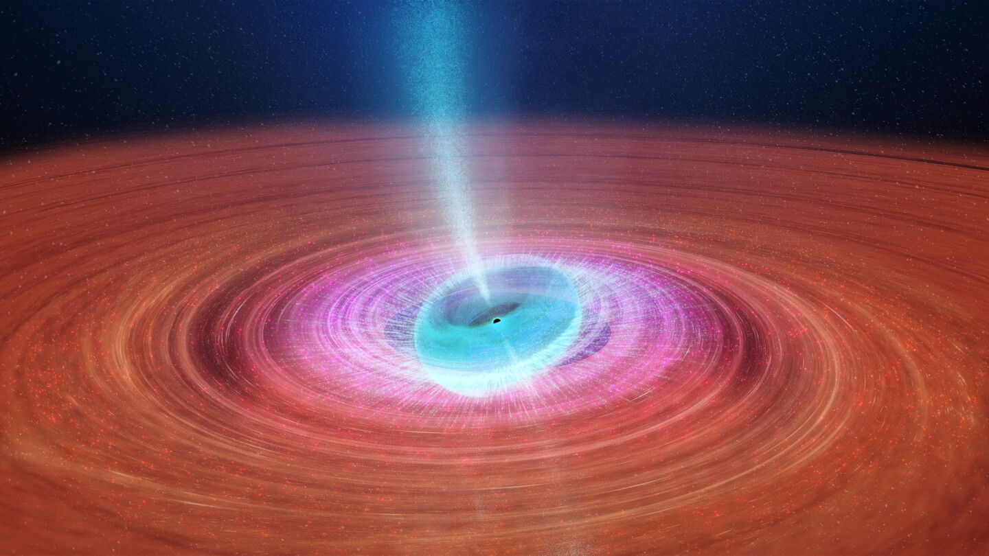 An artist's impression of the black hole in V404 Cygni, which is flailing around like a wonky spinning top