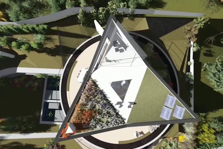 Bird's eye impression of the Devon House highlighting the triangular split of the upper rotating level