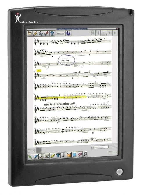 The MusicPad Pro has a 12.1 in. TFT LCD display with the ability to zoom in and zoom out, and on-screen color highlighters and pens to add or erase rehearsal marks and notations.