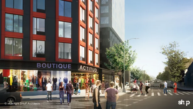 B2, located at the intersection of Dean Street and Flatbush Avenue, is the first residential tower of the Atlantic Yards development in Downtown Brooklyn (Image: SHoP)