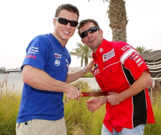 Two of the gentlemen of the sport ham it up - James Toseland and Troy Bayliss