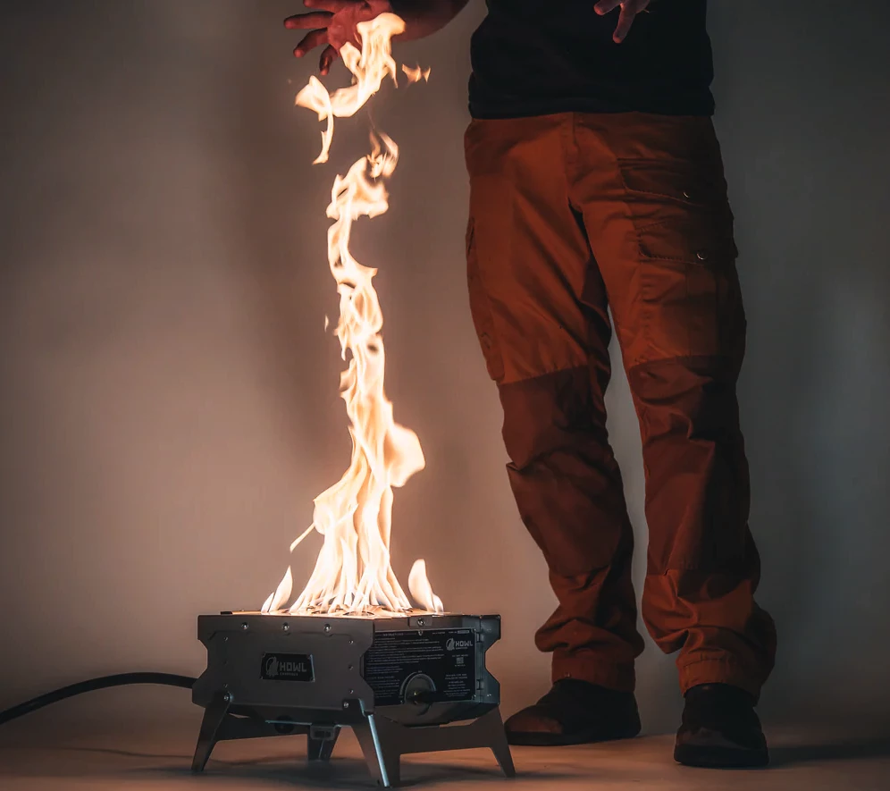 Howl says its integrated burner has 160 "precision micro-emitters" that contribute to the comprehensive triangular flame that rises up to 32 inches high