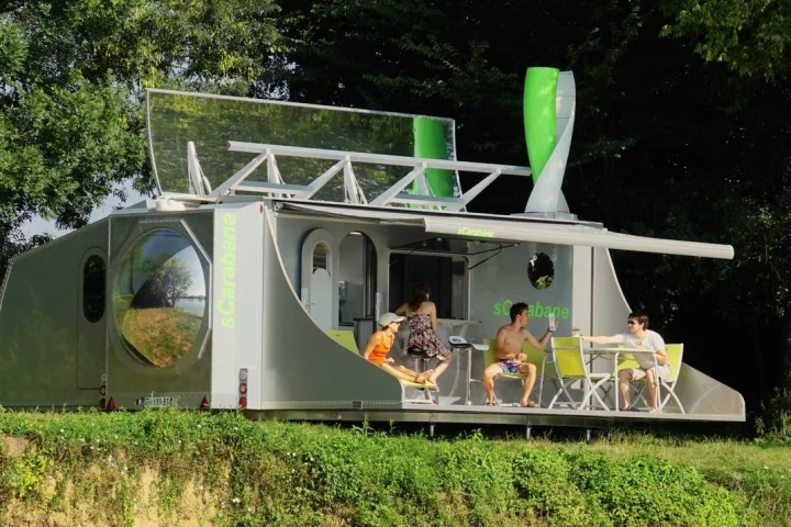 The highlights of the sCarabane are its sustainable, off-grid technologies, like the solar system and pop-up wind turbine