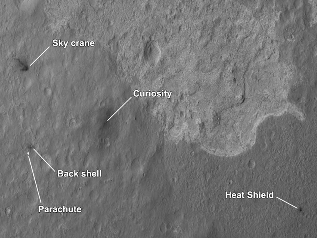 Landing and impact sites of various parts of Curiosity Descent stage (Image: NASA/JPL-Caltech)