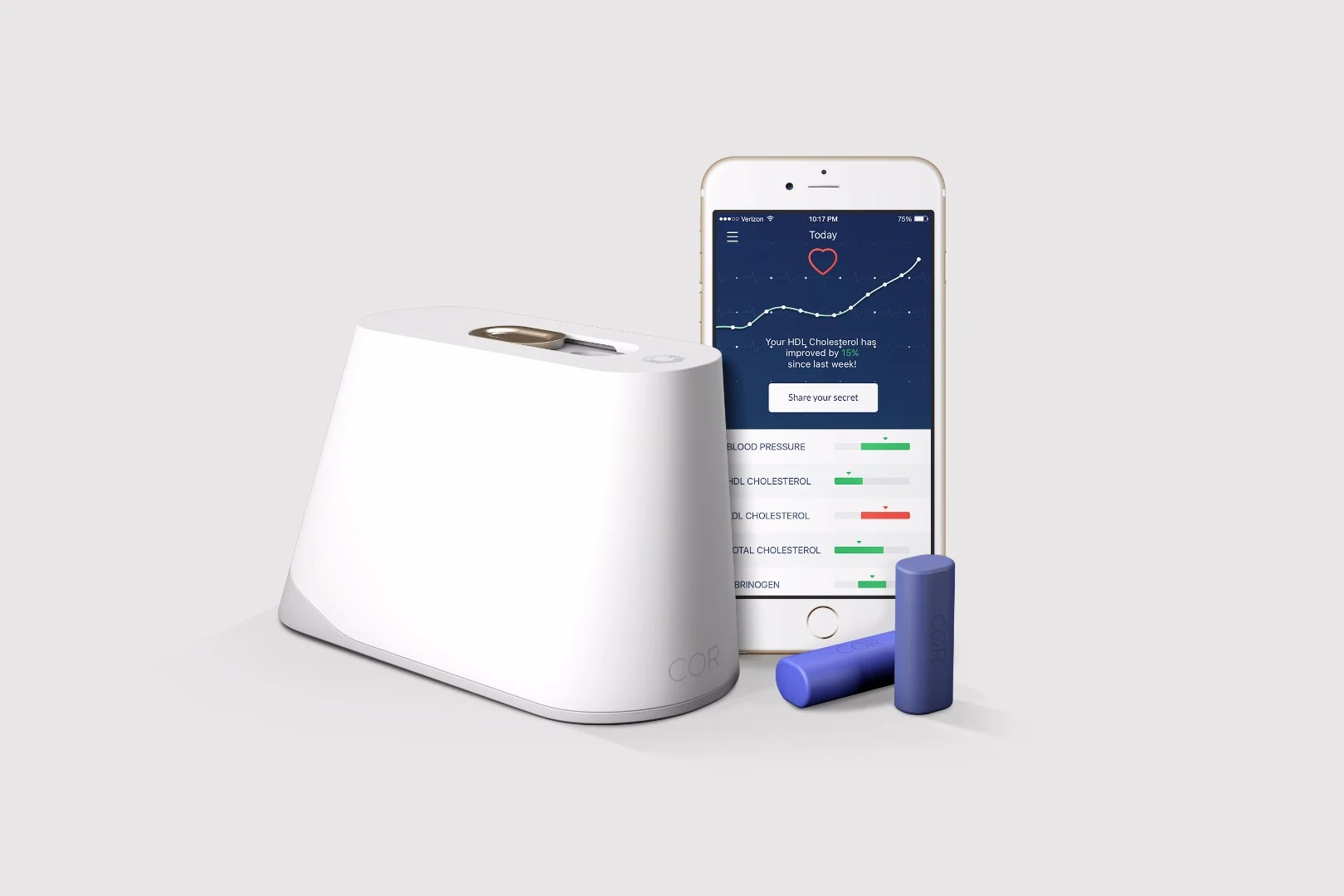 The Cor kit comprises a smartphone app, a blood reader and single-uses cartridges that can be ordered on a subscription basis