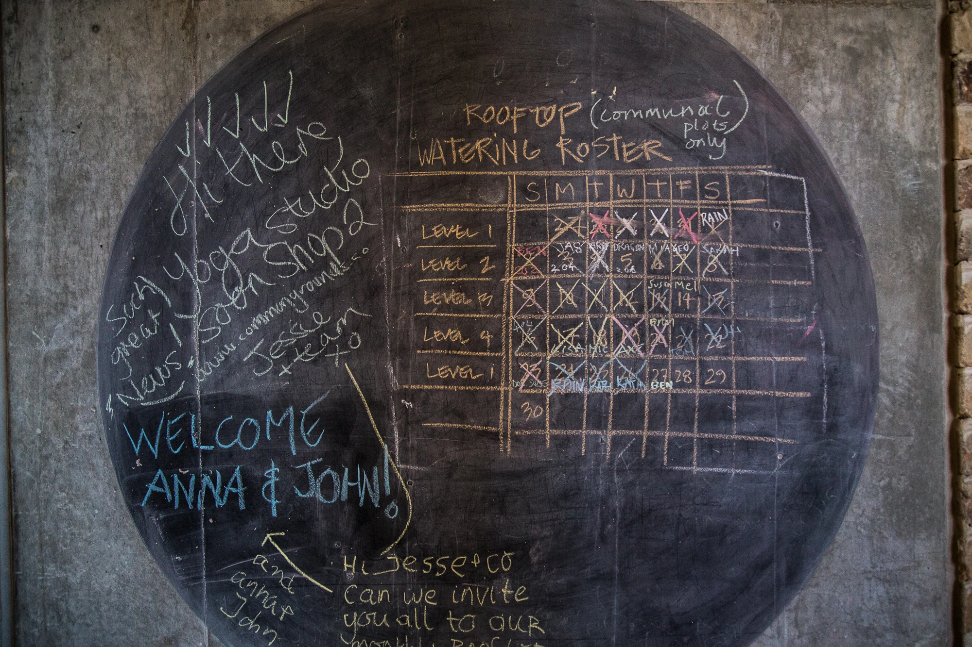 A chalkboard watering roster on the ground floor keeps things the system ticking over and saves the plants from getting thirsty (Photo: Nick Lavars/Gizmag.com)