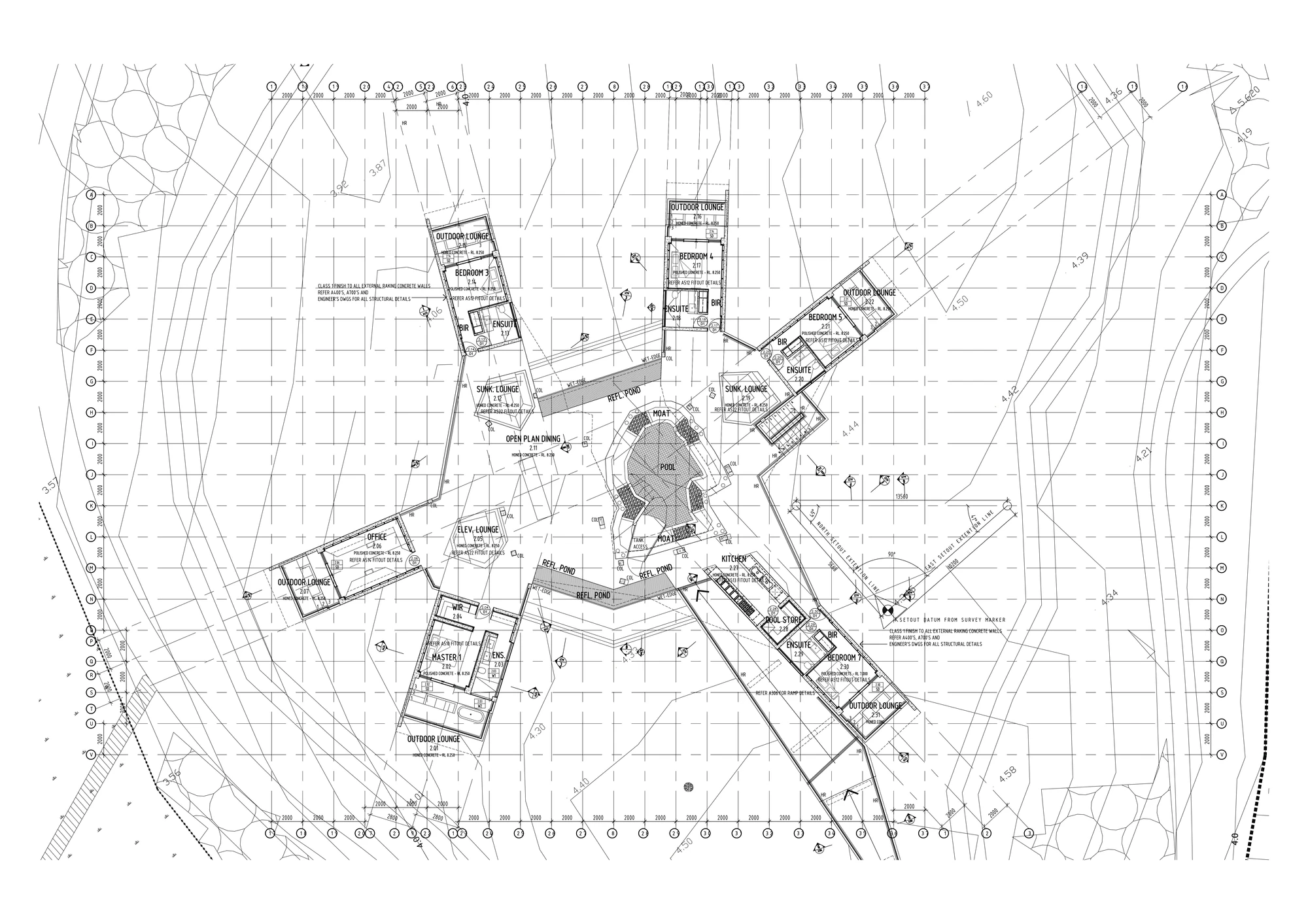 The large living area in the center contains a kitchen/dining space, an open gym area, a few lounges, and several reflective ponds around a central pool