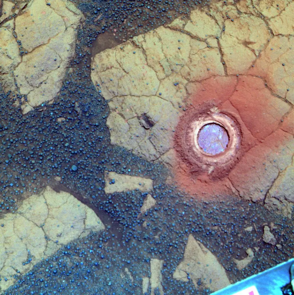 Gagarin Rock showing effect of Opportunity's abrasion tool