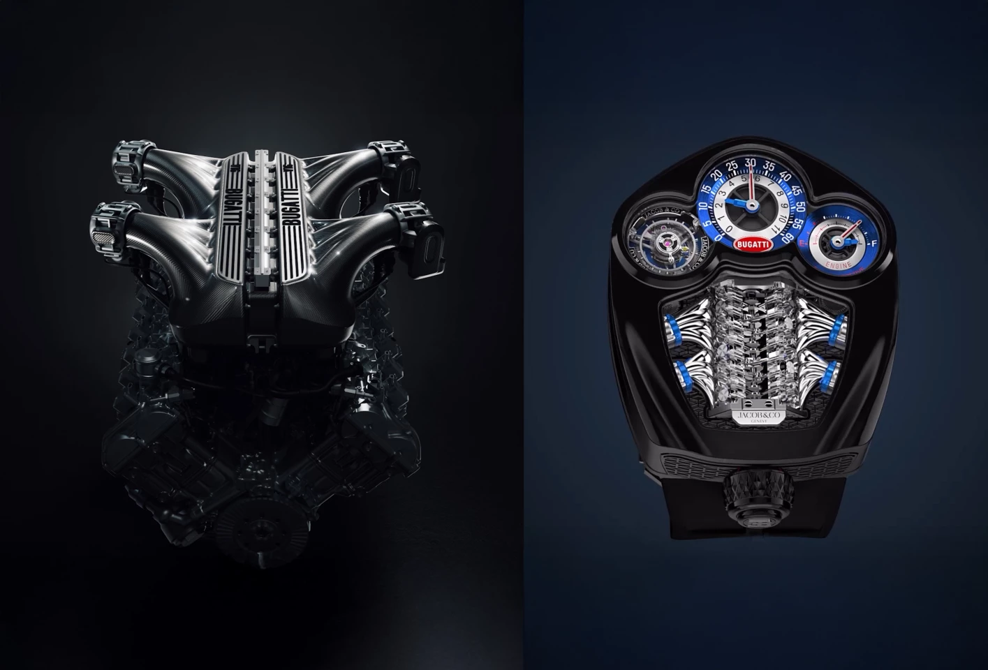 Bugatti Tourbillon V16 Jacob & Co watch sit side by side