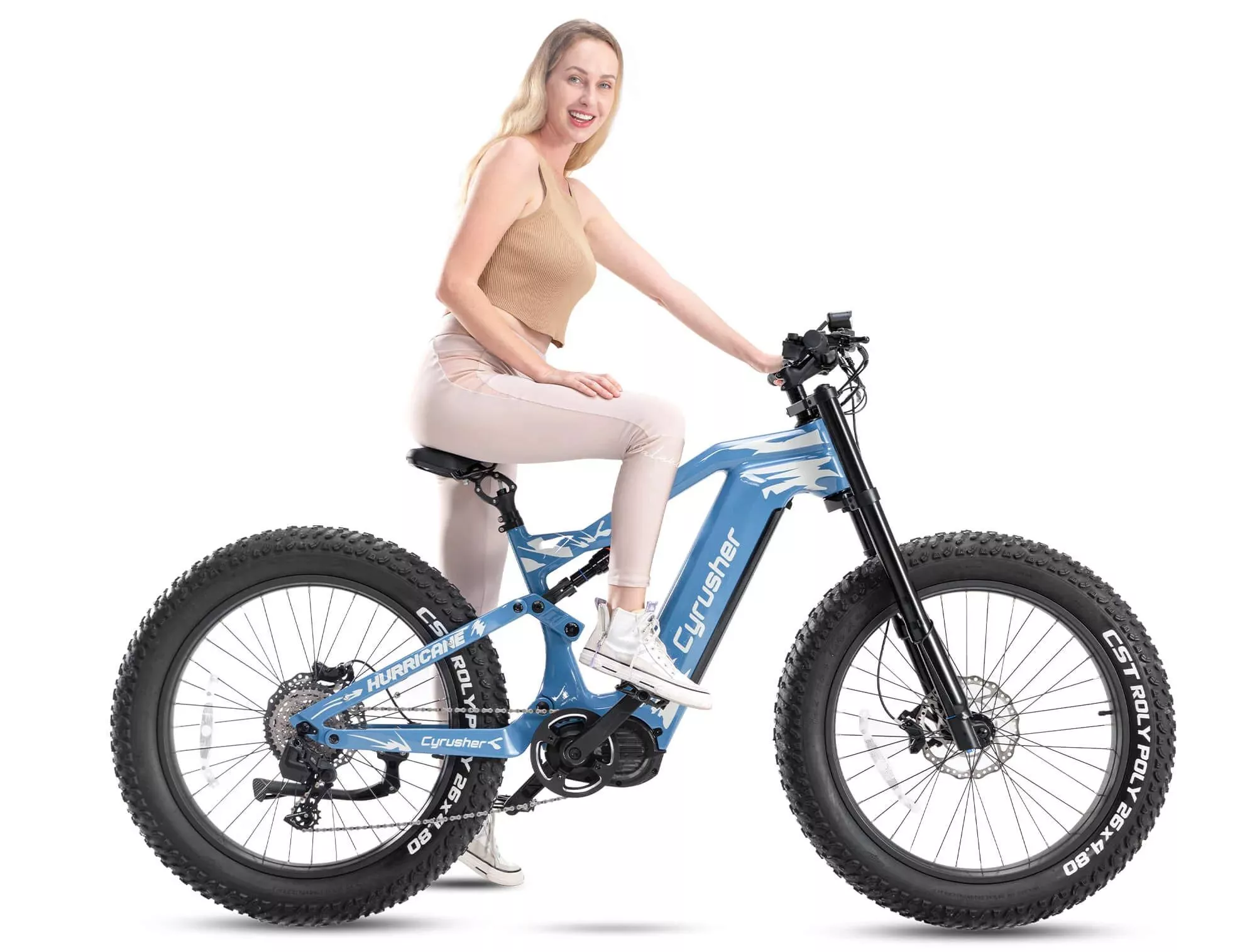 The Hurricane is available in blue or white, and can accommodate riders from 5ft7 to 6ft6 in height