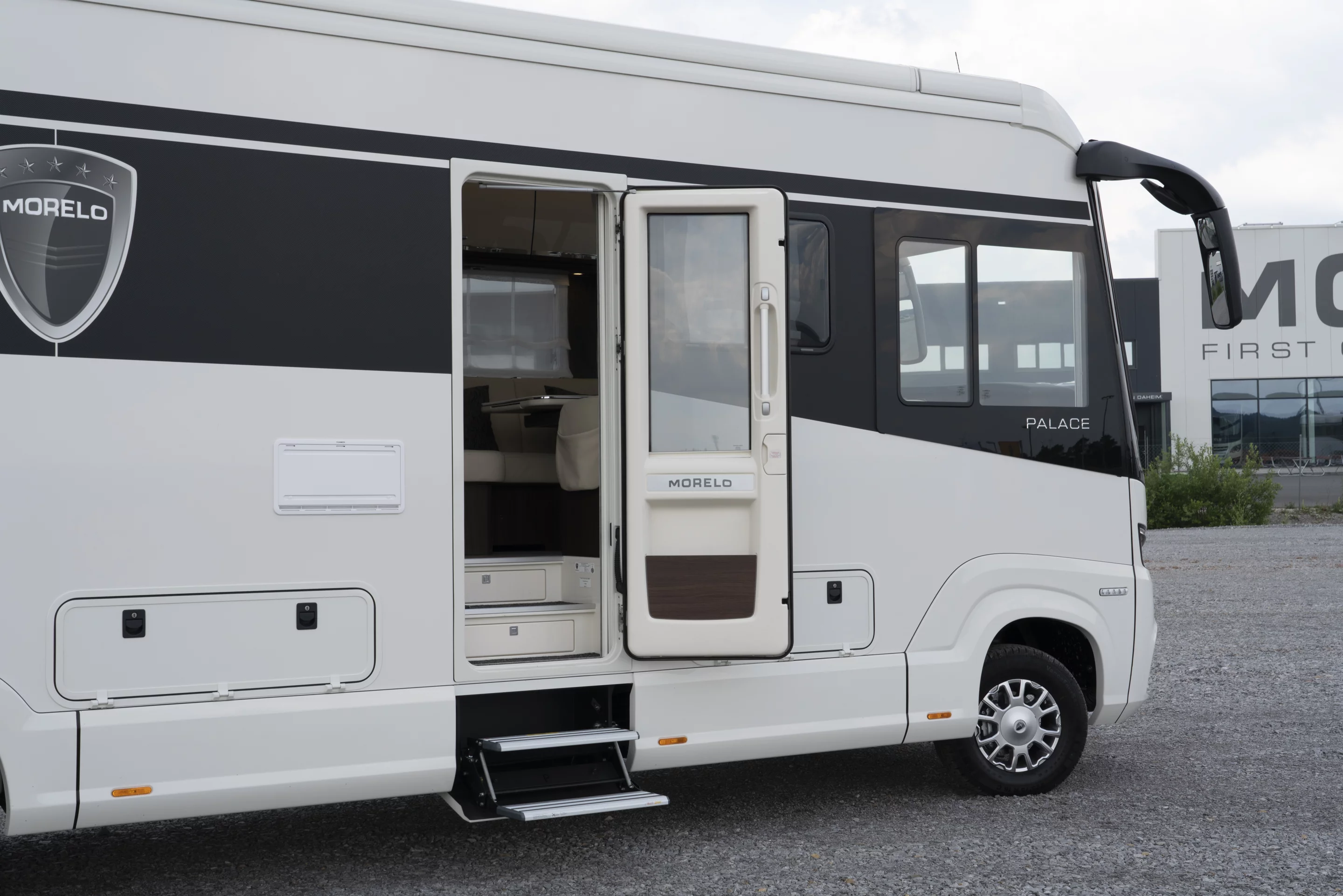 The wide door can be opened via key code or remote control