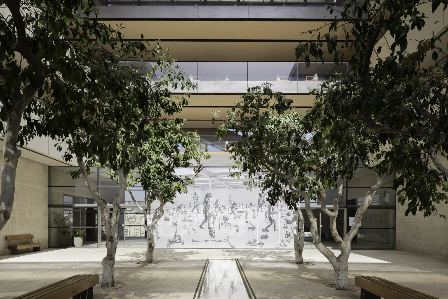 The Edmond and Lily Safra Center for Brain Science is arranged around a central courtyard that is planted with trees