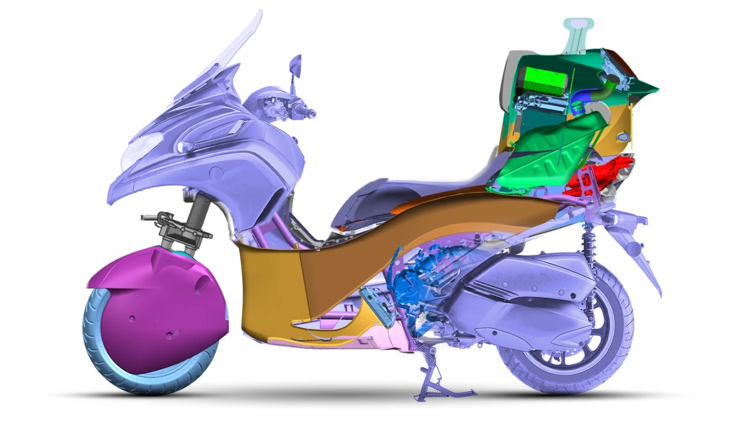 The big hole through the bike is not as large or straight as the one on the land speed racer, and WMC isn't saying exactly how much drag it reduces compared to the standard Tricity 300