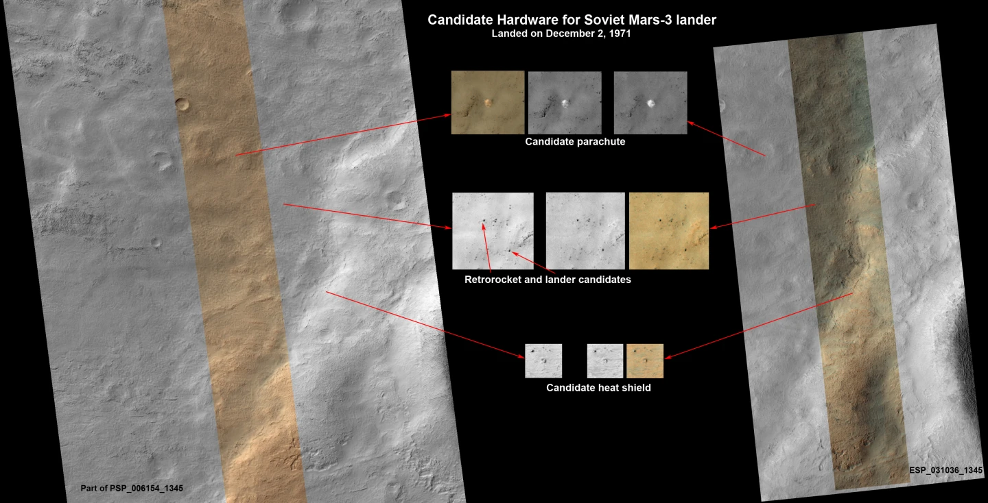 Mars Reconnaissance Orbiter images showing possible Mars 3 hardware (Image: NASA/JPL-Caltech/Univ. of Arizona)