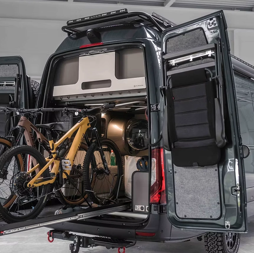 Store mountain bikes on the back of the doors or inside on a sliding tray