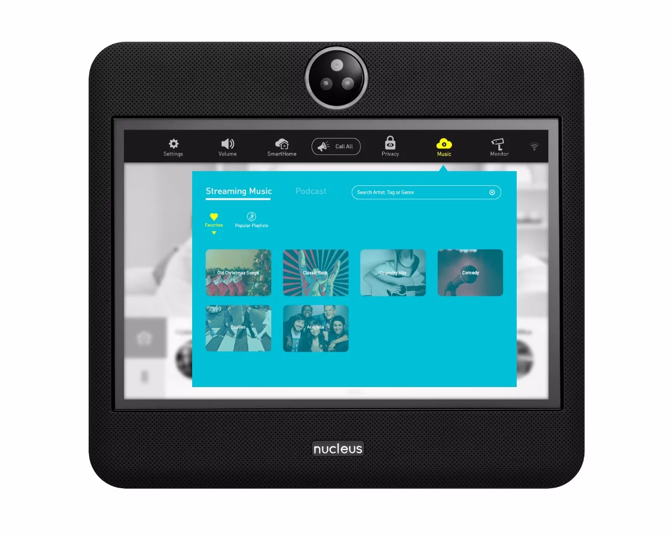 The Nucleus has built-in HD speakers and can be used to play music or podcasts