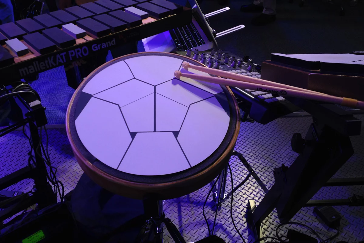 The Jambé can be mounted on standard drum stands for integration into a full acoustic or digital kit