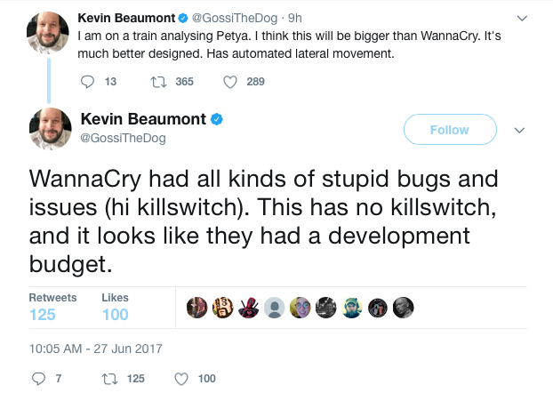 Security specialist Kevin Beaumont commenting on the outbreak on Twitter