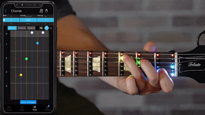 The learner places fretting fingers where indicated by LEDs to learn chords, scales and songs