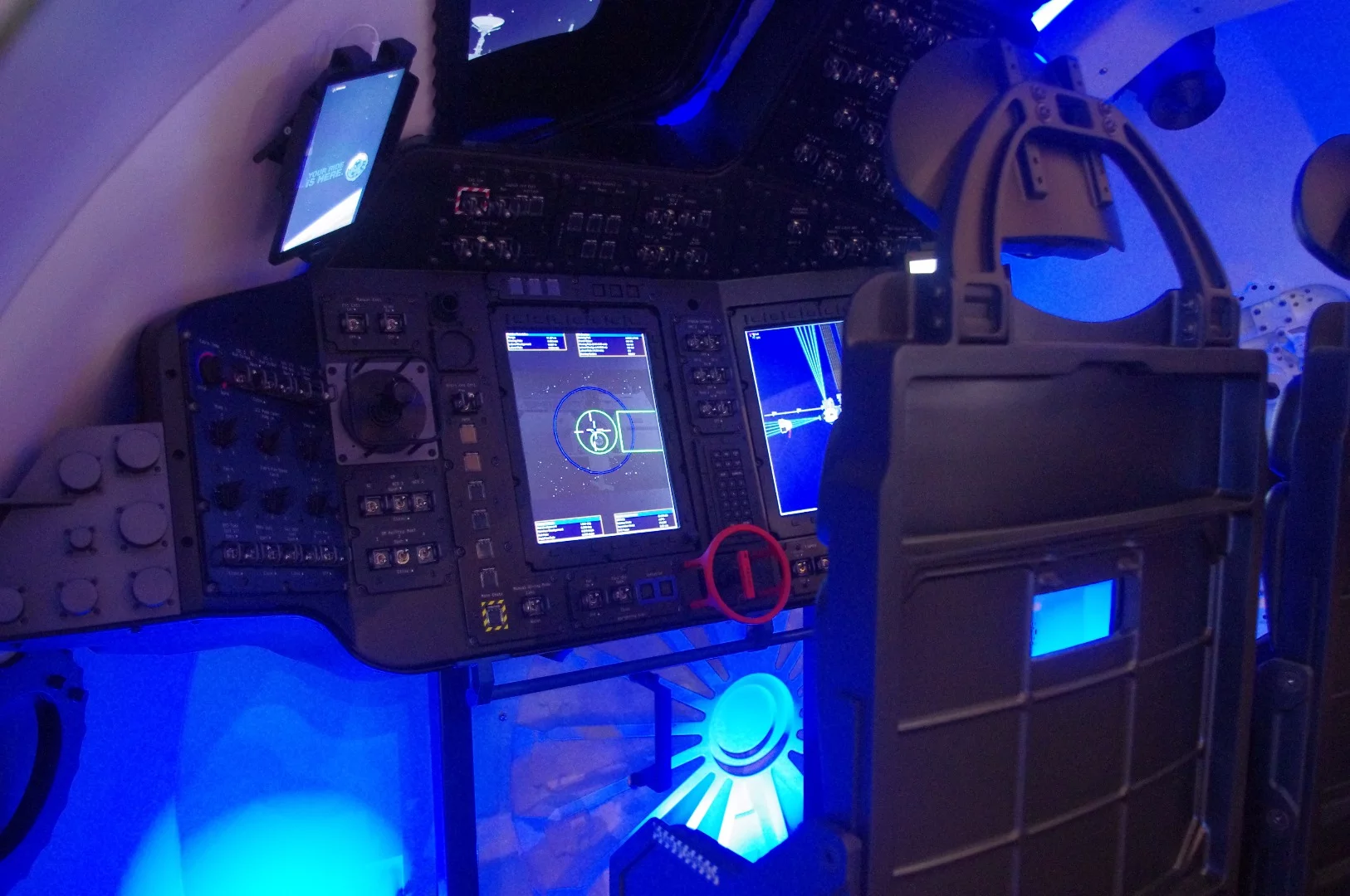 The simulated ride in Boeing's Starliner was controlled through the joystick to the left of the screen