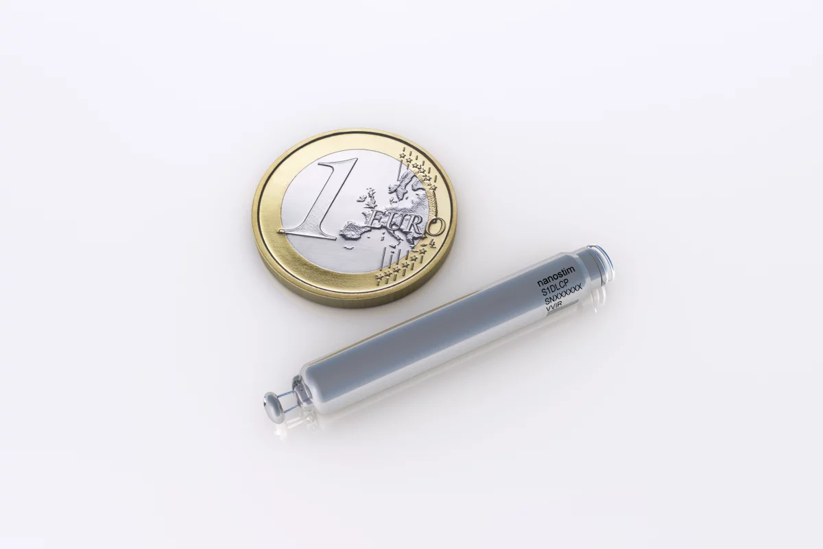 The Nanostim pacemaker, with a Euro coin for scale