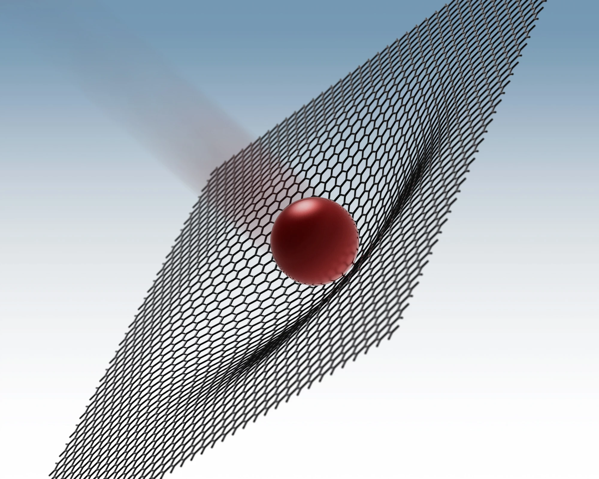 A rendering of a 3.7 micron-wide "microbullet" hitting a sheet of graphene, which deforms to absorb much of its kinetic energy (Image: Jae-Hwang Lee/Rice University)