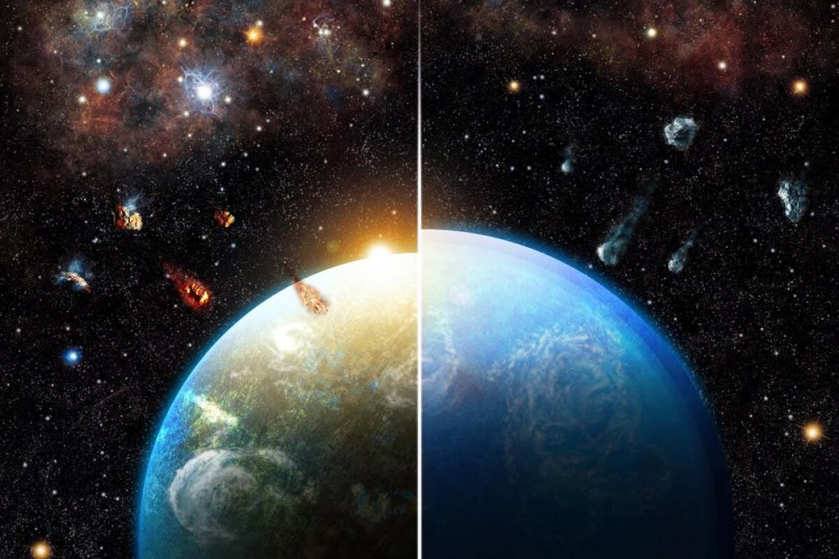 Artist’s rendering of researchers’ simulations showing how planetary systems born in dense and massive star formation regions (left) inherit substantial amounts of radioactive materials, making them much drier than those formed in different environments (right)