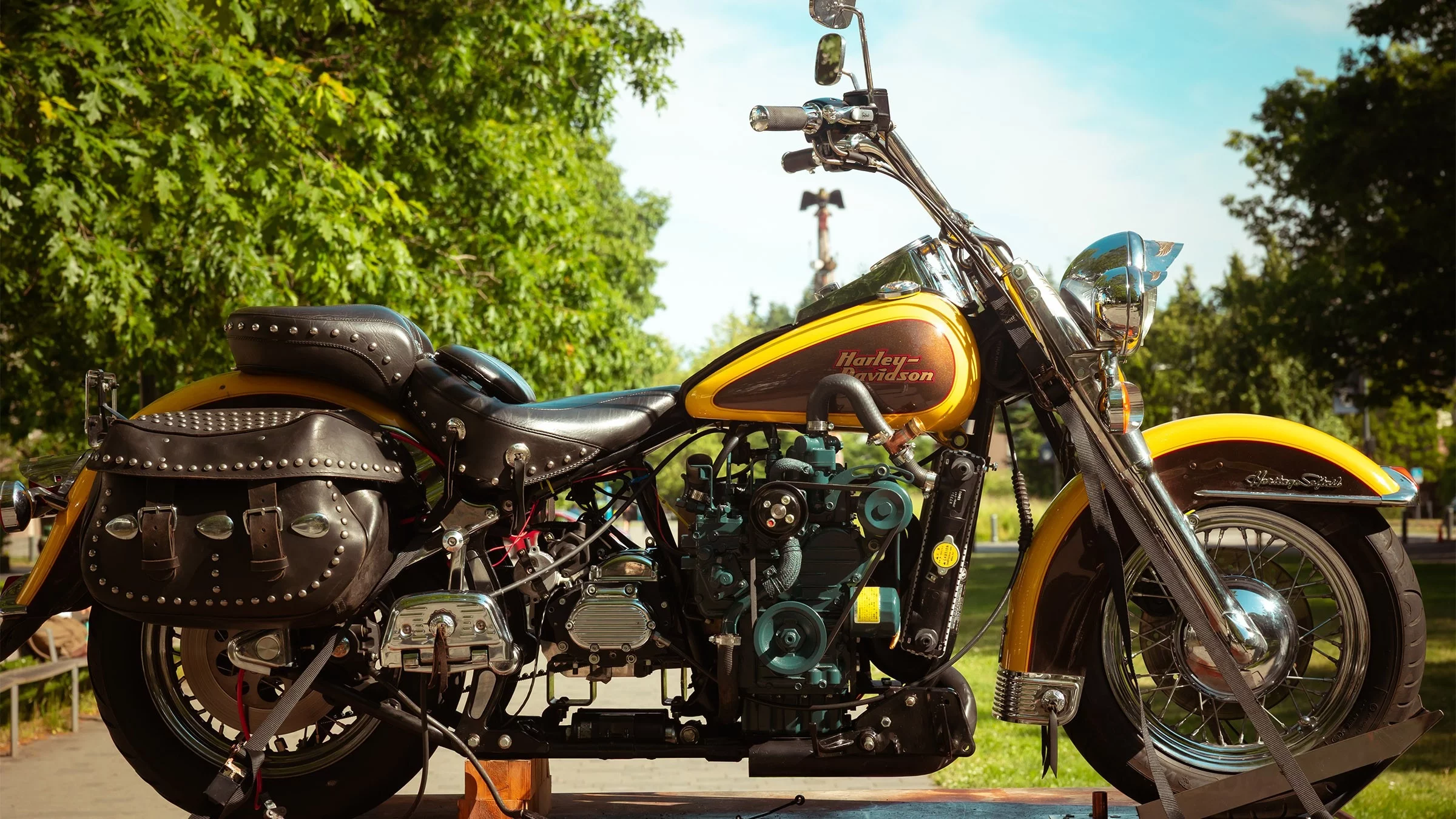 Even with its tractor engine, the Harley still sports a classic look