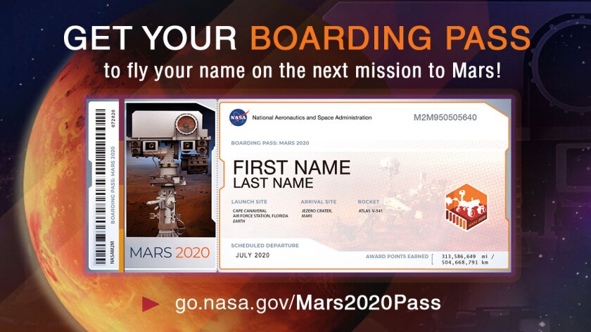 An example boarding pass received by people after signing up to have their names accompany the Mars 2020 rover to the Red Planet