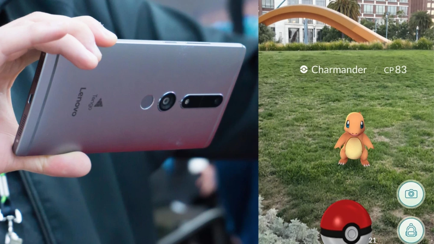 The Google Tango-running Lenovo Phab2 Pro (l), with mobile AR gaming sensation Pokémon Go