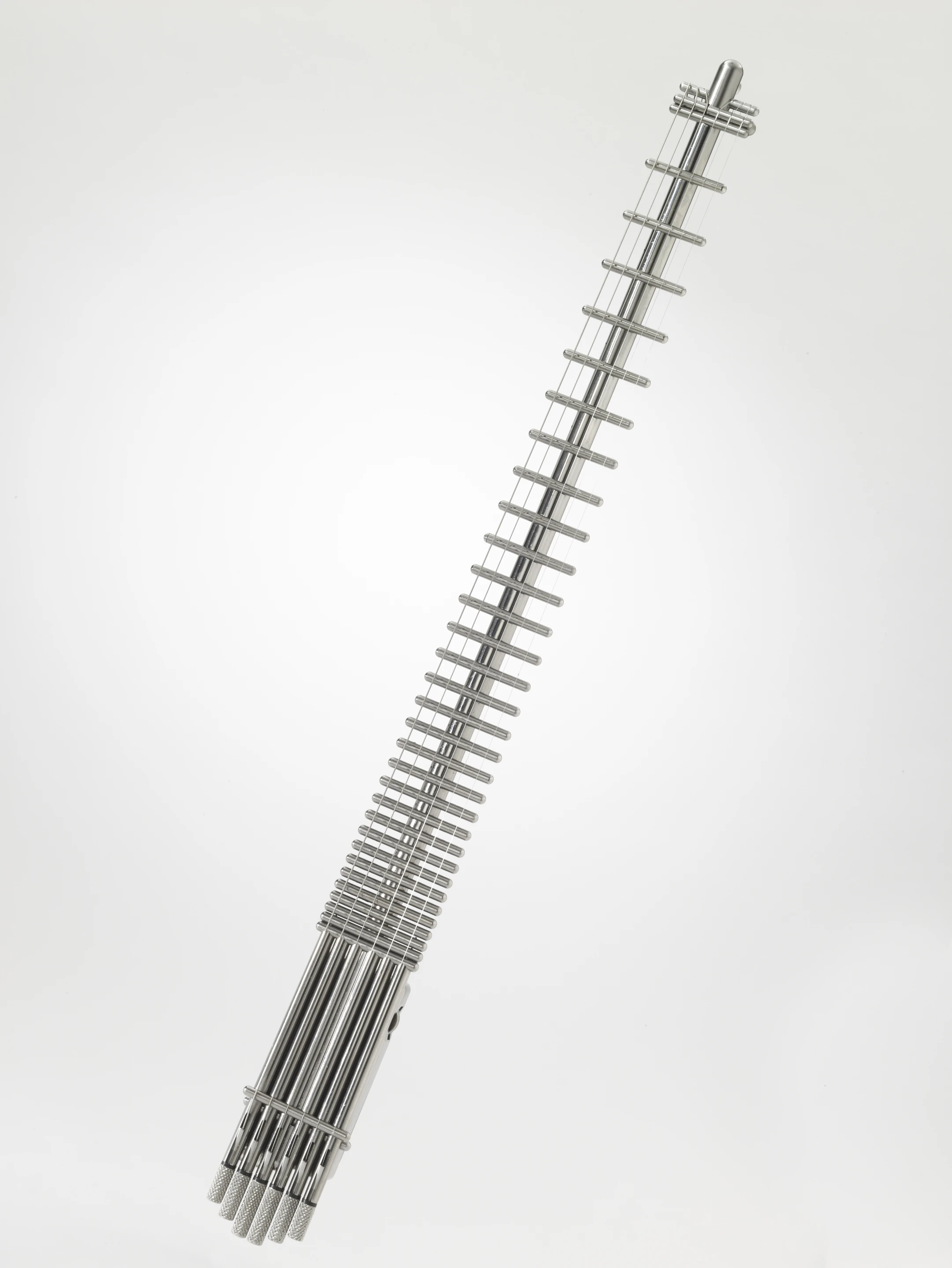 The Gittler Guitar is made from pure 6AL-4V aircraft-grade titanium, is 30.25 inches (77 cm) long and 3 inches wide (7.6 cm)