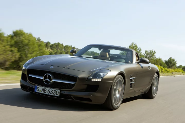 The Mercedes-Benz SLS AMG Roadster ditches the gull-wings of the Coupe for a soft top