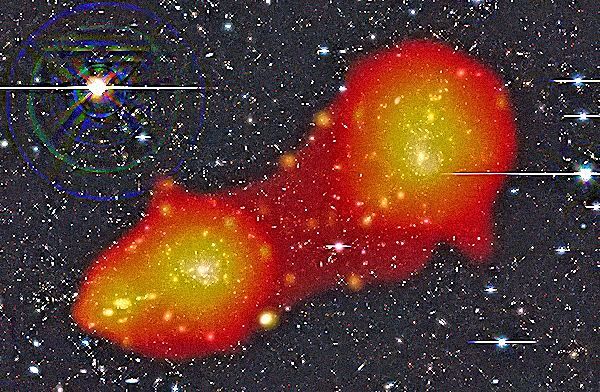 Composite astrograph of the Abell 222 and 223 galaxy clusters as seen in visible light and by x-rays - the filament of dark matter between the two is suggested by the hot x-ray emitting gas (shown in dark red) gathered along the filament (Image: ESA/ XMM-Newton/ EPIC/ ESO (J. Dietrich)/ SRON (N. Werner)/ MPE (A. Finoguenov)
