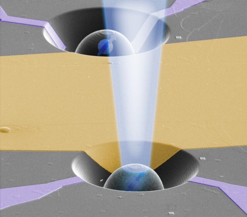 An electron microscope image of one of the two devices, with a fictitious teleportation beam added (Image: Hanson lab at TU Delft)