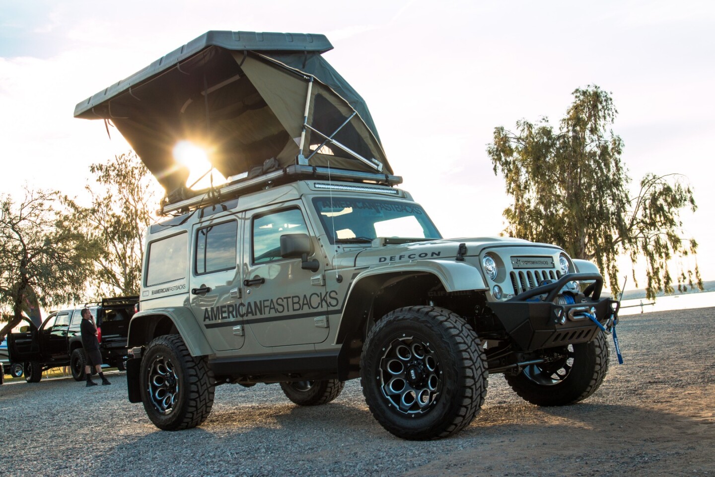 American Fastbacks specializes in making hard tops for Jeep JK and TJ/LJ models and brought a range of tricked-out Jeeps to the Sand and Water expo. This is its Badlands model, equipped with a stove top, a fridge, and an electric hard top camper with the ability to sleep four