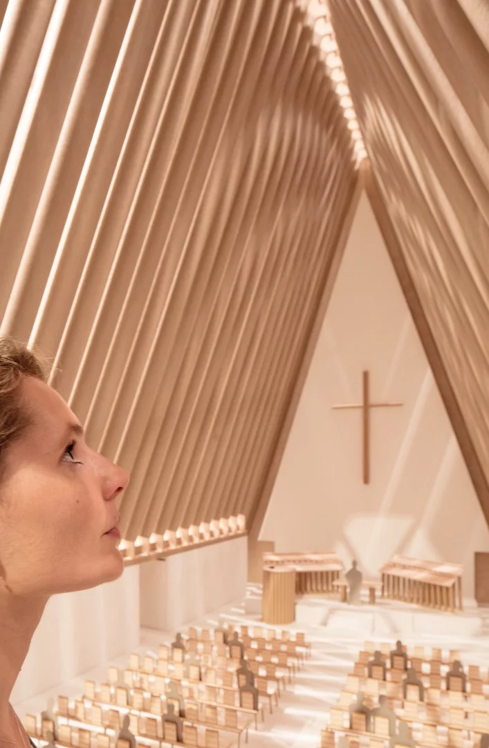 A scale model of Shigeru Ban's cardboard Christchurch Cathedral