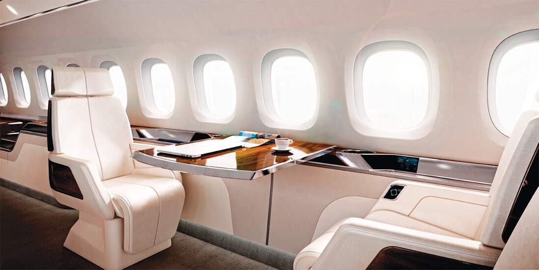 With a 30-ft (9.1-m) cabin in a two-lounge configuration, cabin dimensions widen from entryway to the rear seating area where height is about 6.2 ft (1.9 m) and cabin width around 7.2 ft (2.2 m)