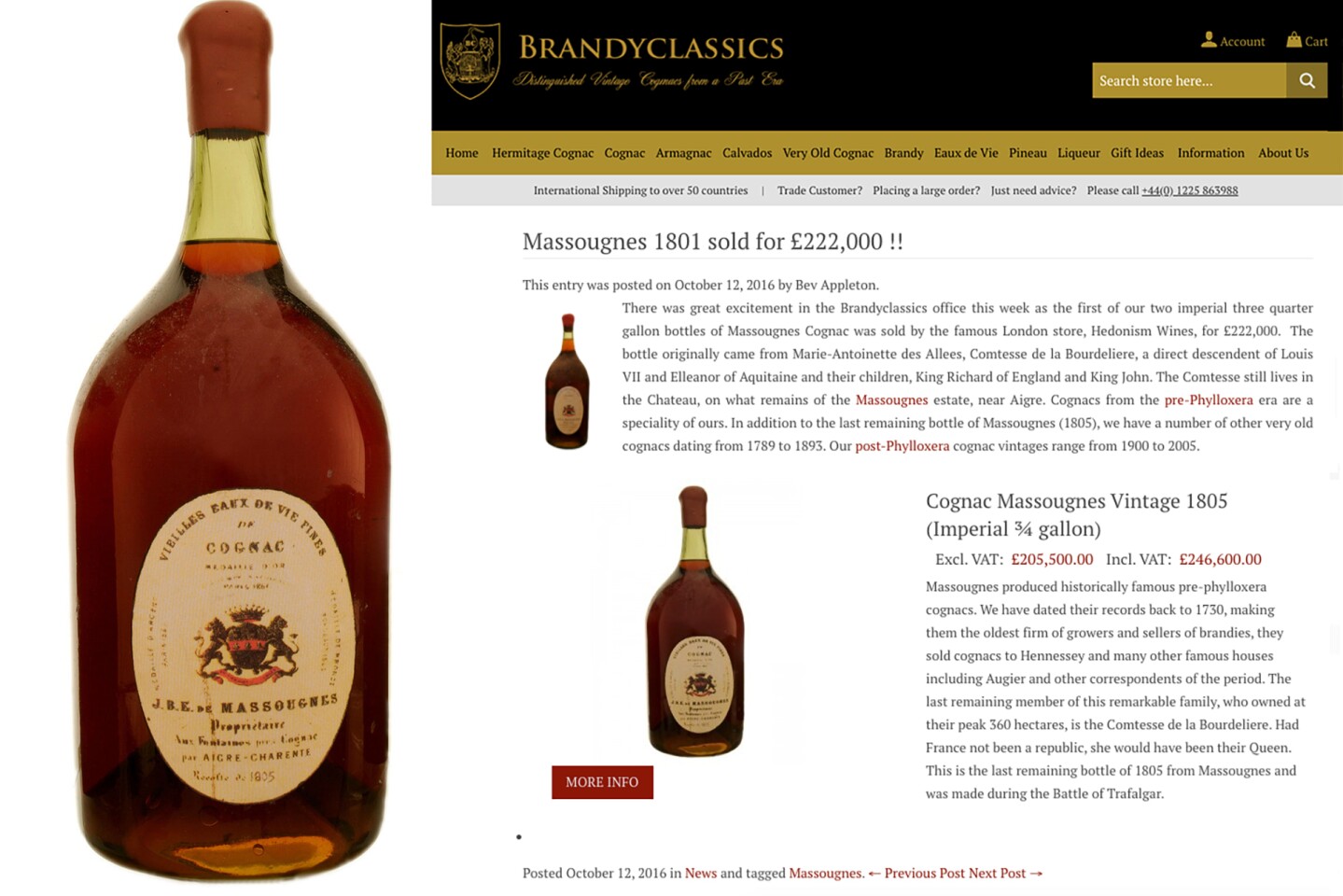 London's Hedonism Wines sold a bottle of 1801 Massougnes Cognac for GBP£222,000 ($270,761) in October 2016