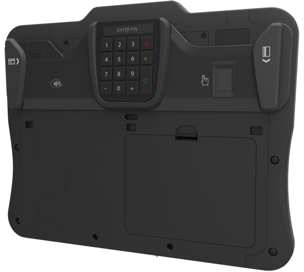 An mPOS module connects to the Crossfire Pro via the expansion bay and features such things as a 2D Bar Code scanner, a magnetic swipe card reader, and a Chip&Pin reader