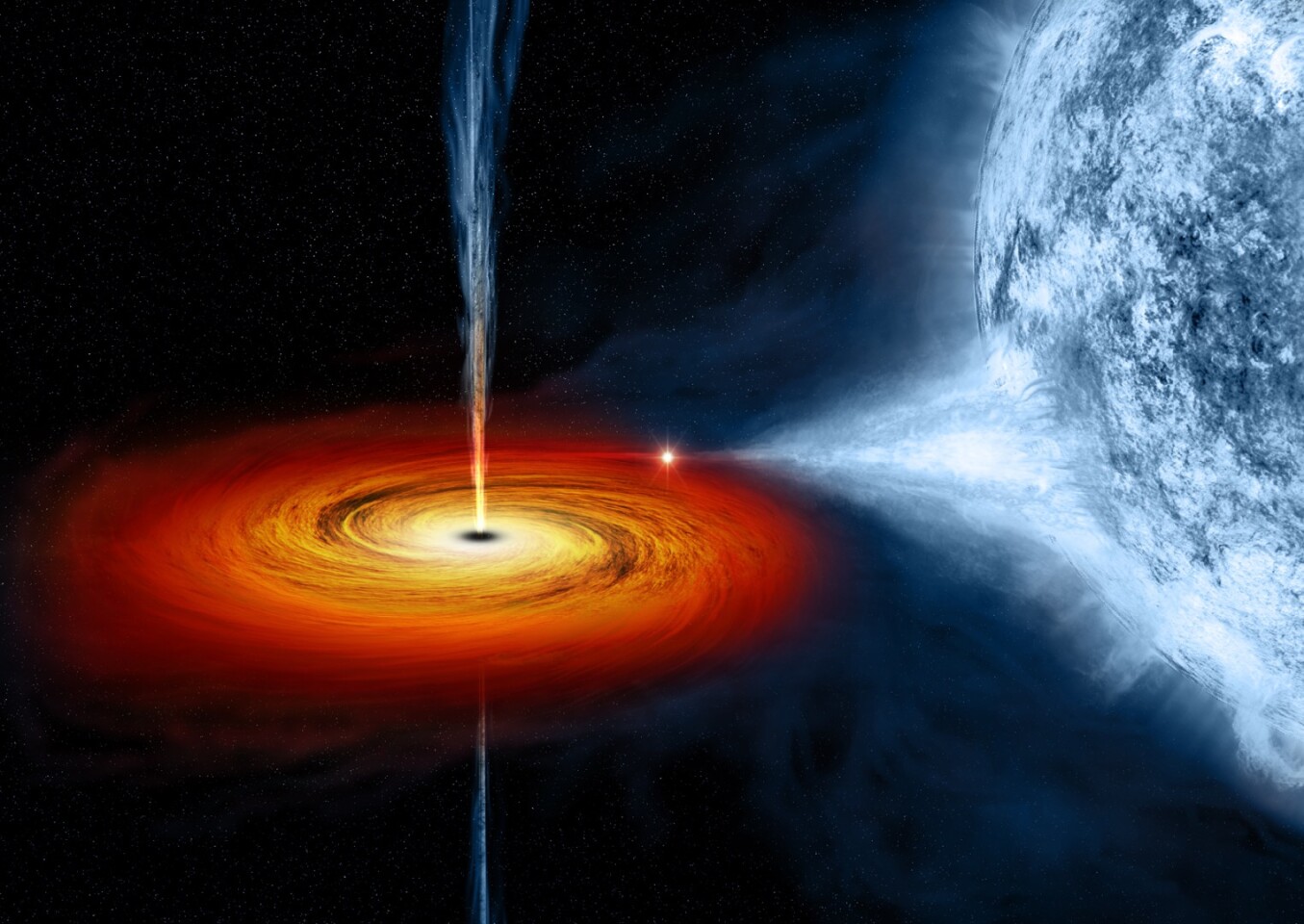An artists impression of a different black hole named Cygnus X-1, which, instead of creating stars, pulls matter from the blue star beside it