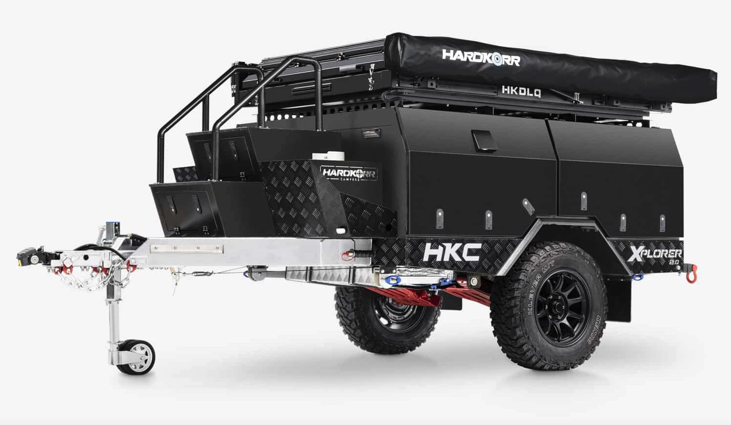 A good look at the Hardkorr Xplorer 2.0's integrated front steps and 9-kg propane bottle holder