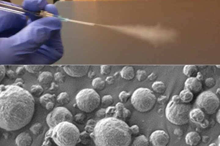 Top: Inhalable nanoparticles can be used to detect lung cancer from a urine test. Bottom: Scanning electron microscope images of the nanoparticles