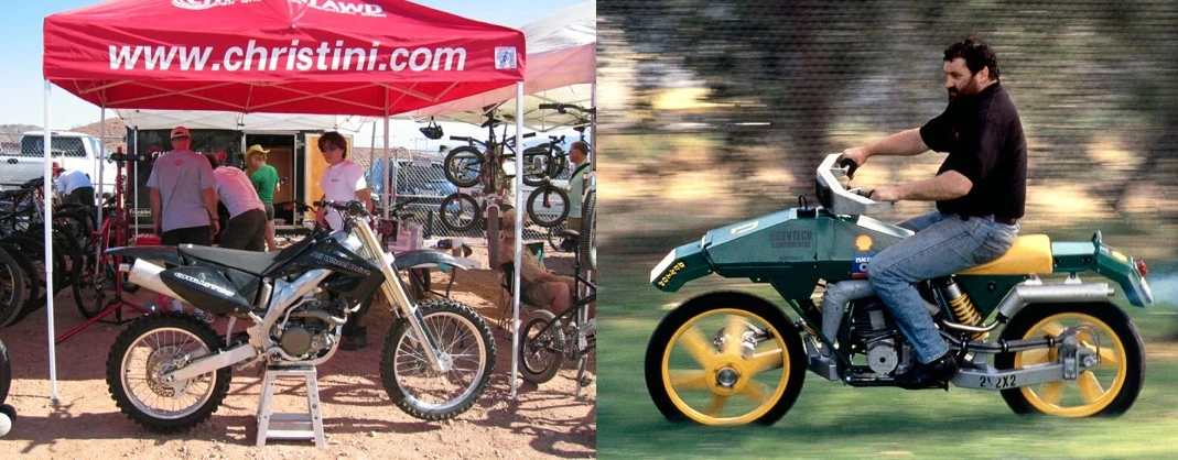 Christini's 2WD motorcycle and a prototype 2WD motorcycle from designer Ian Drysdale.