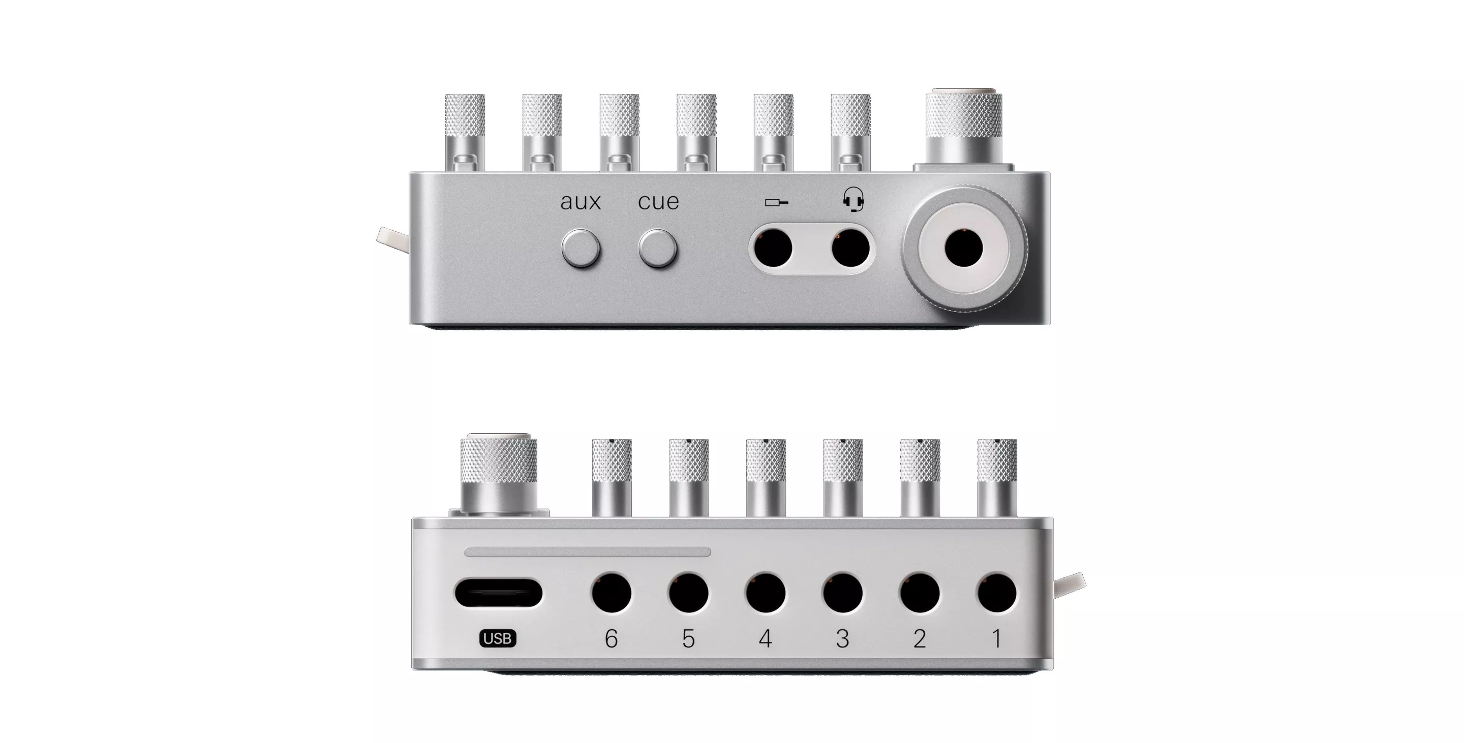 Headphone monitoring, aux out and cue feature, six 3.5-mm audio input channels plus USB-C