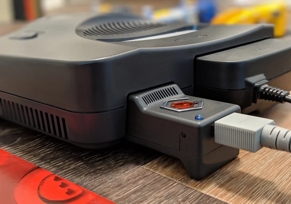The Eon Super 64 plugs into the back of your original Nintendo 64 console and allows it to connect to modern TVs