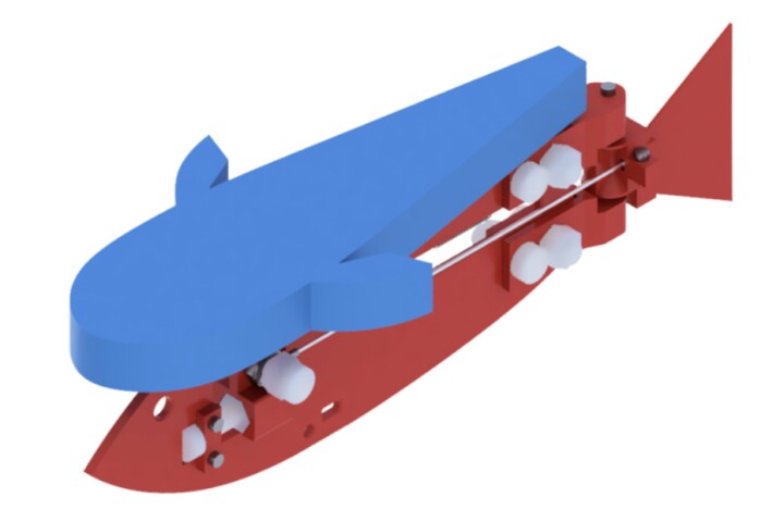 The robot consists of a floating section (blue) and a unique propulsion system (red)