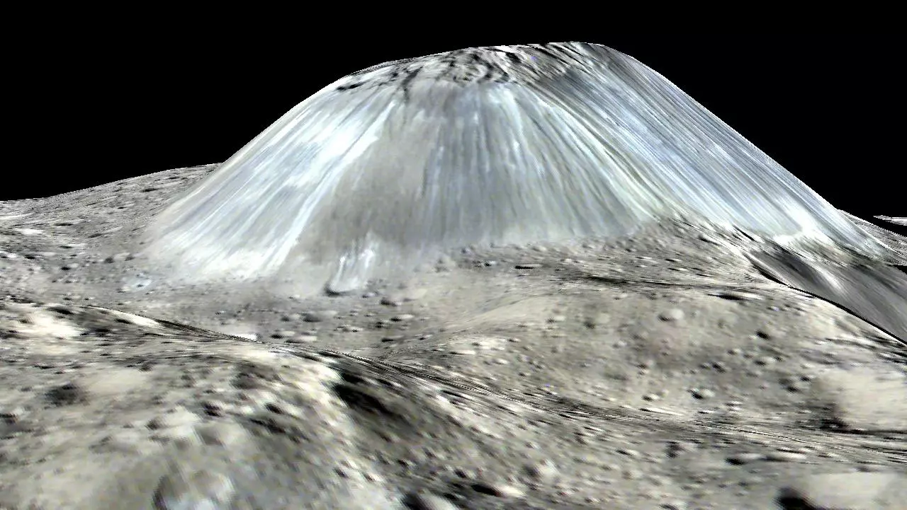 Simulated perspective view of Ahuna Mons compiled from data collected by NASA's Dawn spacecraft