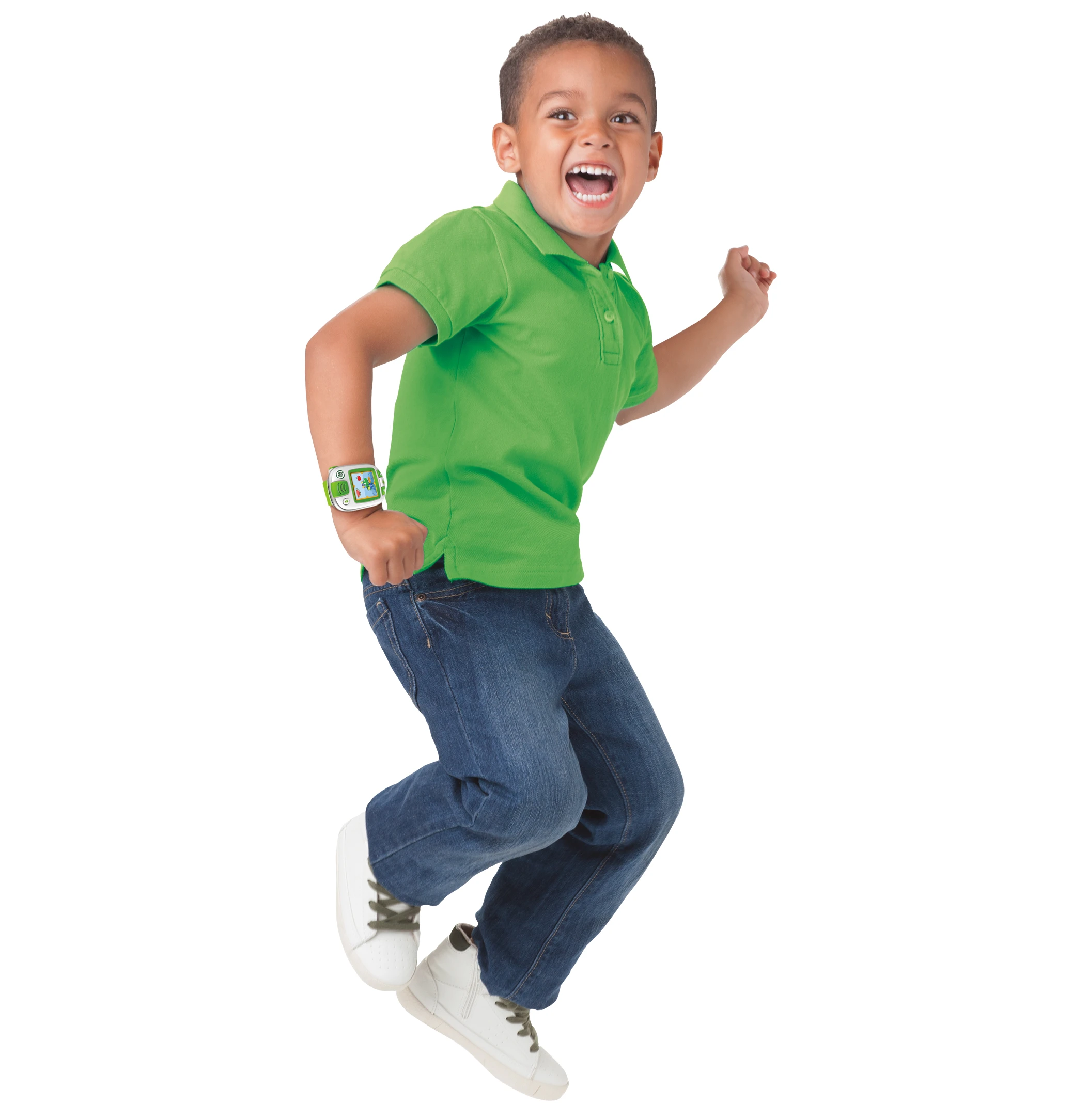 An activity button on the LeapFrog LeapBand can also be pressed to give the wearer an audio activity challenge to complete, such as "Spin like a helicopter"