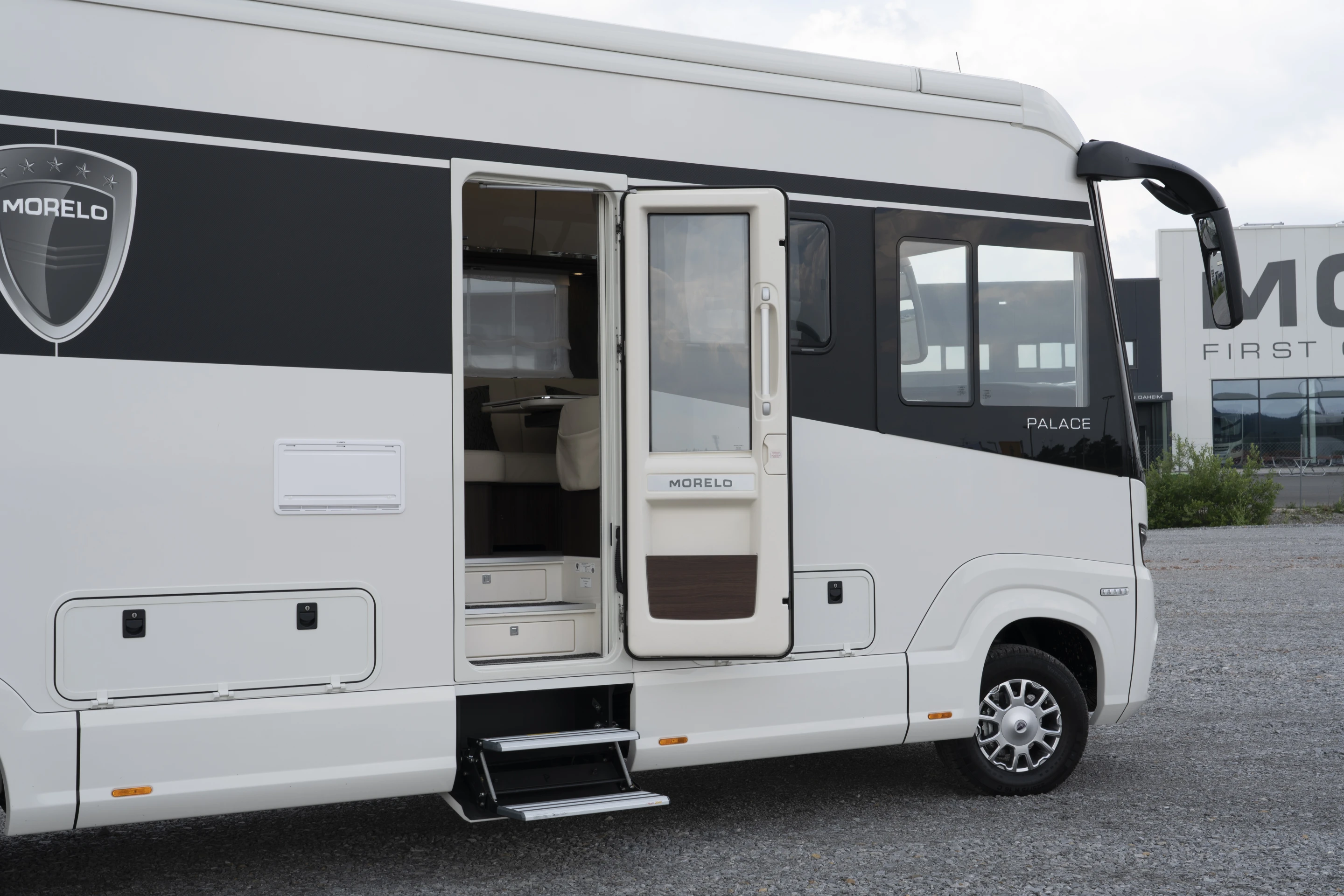 The wide door can be opened via key code or remote control